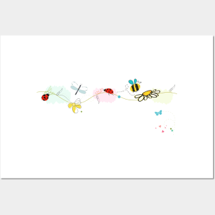 Colorful lovely spring. Butterfly, ladybug, dragonfly, bee Posters and Art